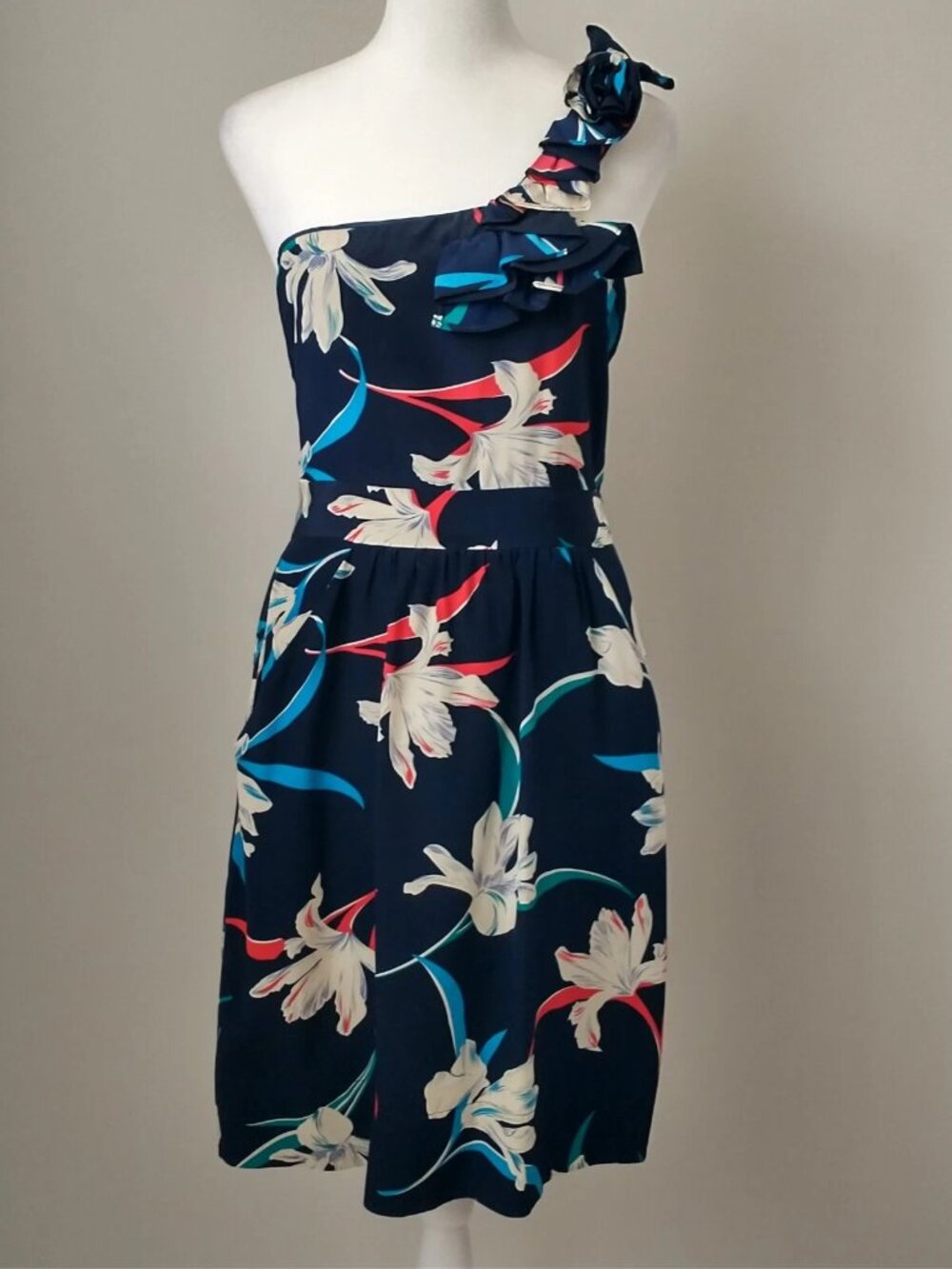 Yumi Kim Anthropologie Silk Floral One Shoulder Pleated Party Dress 6 Coastal
